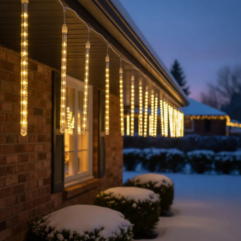 Cascata Bastão Snow Fall 8 Tubos 50cm 288led Chuva Meteoro Amarelo/Branco-quente